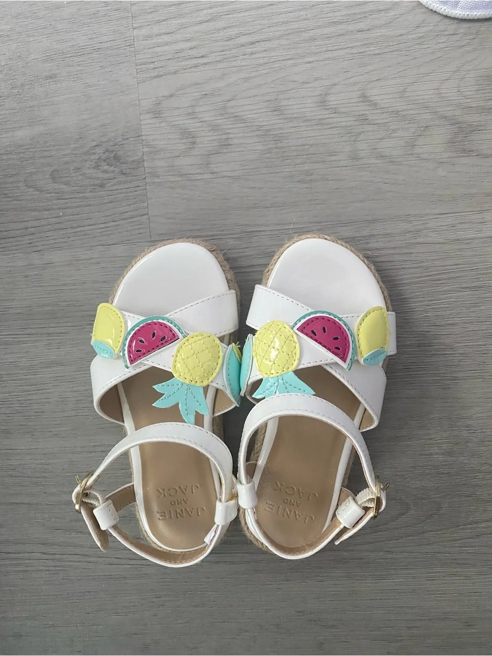 Janie and Jack White Sandals with Yellow, Pink and Aqua Fruit Appliqués
